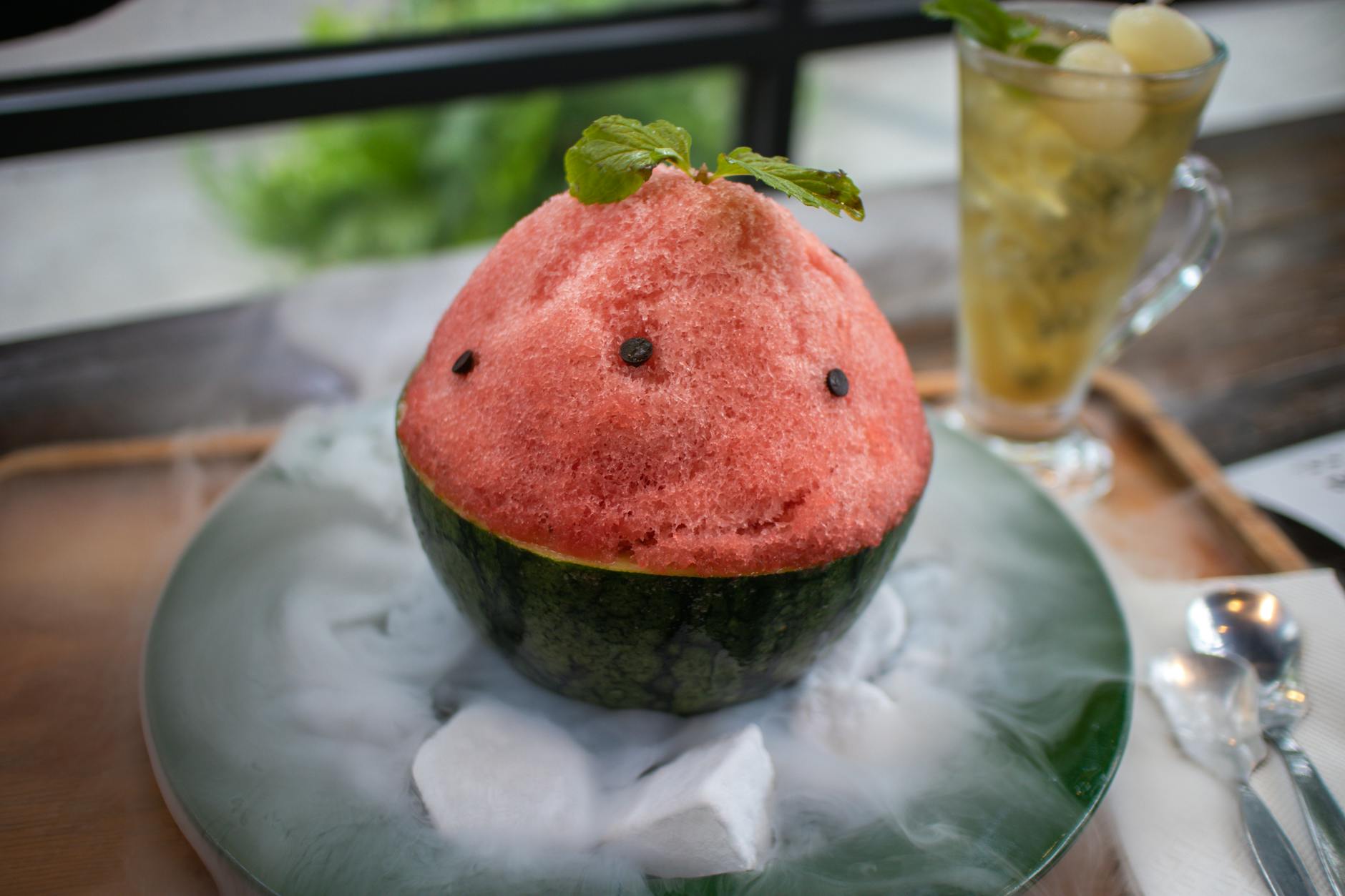 Watermelon-shaped shaved ice (kakigori) at Himitsudo, Yanaka